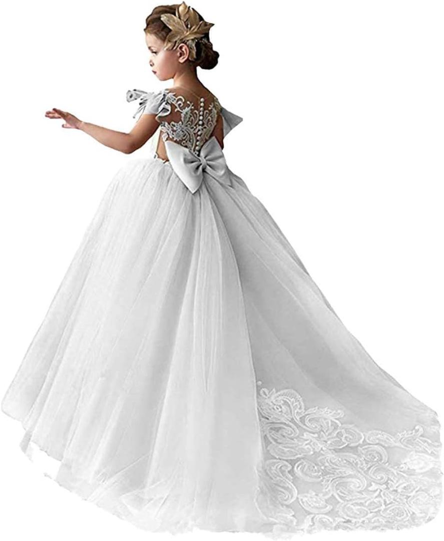 Lace Tulle Flower Girl Dresses for Wedding Party Kids Prom Ball Gown GZY230  Size 7, All White 