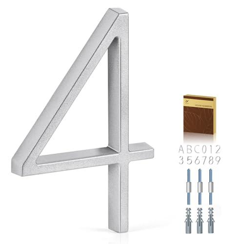 YIPLED 5 Inch House Numbers for Outside, Metal Address Number 4 - Modern Design, Weather-Resistant Silver Powder Coated Finish, No Fading (Silver)