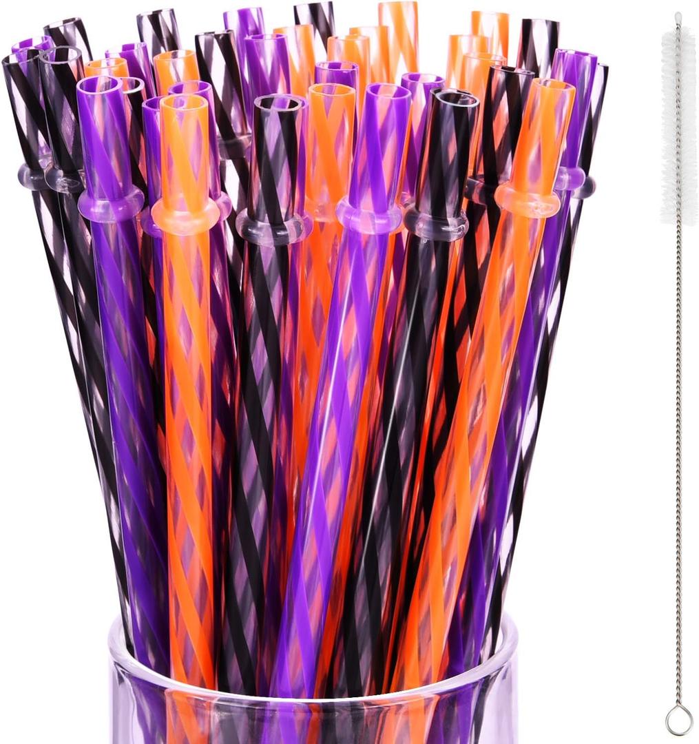 JOVITEC 60 Pieces Halloween Straws 9" Plastic Reusable Straw Drinking Straws for Tumblers with Straw Cleaning Brush for Halloween Cocktail Christmas Party Family Supply