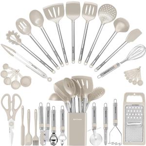 Kitchen Utensil Set-Silicone Cooking Utensils-33 Kitchen Gadgets & Spoons for Nonstick Cookware-Silicone and Stainless Steel Spatula Set-Best Kitchen Tools, Useful Pots (Khaki)