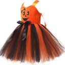 Little Girls 3PCS Halloween Layered Tulle Tutu Dress Headband and Bag Pumpkin Princess Party Cosplay Outfits Clothes (6-7 Years, Orange Black)