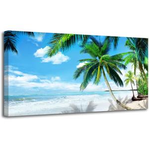Arjun Beach Painting Blue Ocean Picture Canvas Wall Art Tropical Palm Tree Modern Landscape Artwork Framed Large Size for Living Room Bedroom Bathroom Dinning Room Home Office Wall Decor, 48"x24"