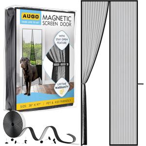 AUGO Magnetic Screen Door - Self Sealing, Heavy Duty, Hands Free Mesh Partition Keeps Bugs Out - Pet and Kid Friendly - Patent Pending Keep Open Feature - 38 Inch x 97 Inch, Black