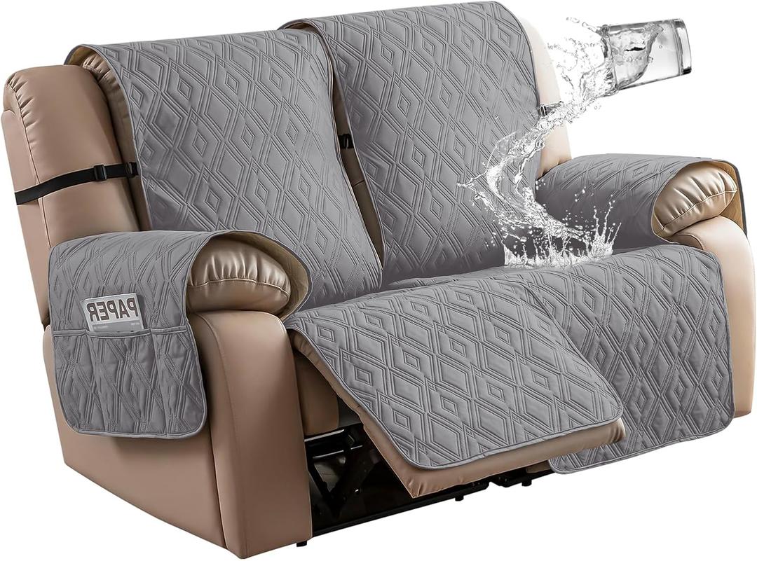 Loveseat Recliner Cover Non-Slip, Sofa Cover for Reclining Couch 2 Seat, Loveseat Covers Double Recliner Furniture Protector Cover with Elastic Straps for Pets (Light Gray, Recliner Loveseat)