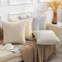 YCOLL Farmhouse Pillow Covers 18x18, Modern Accent Square Throw Pillow Covers Set of 2, Blue and Beige Striped Patchwork Linen Decorative Pillows Cushion Covers for Couch Chair Bedroom Home Decor