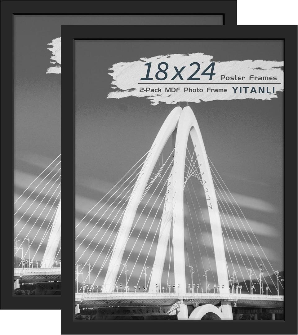 18x24 Black Frame 2 Pack, Engineered Wood for 24 x 18 in Poster | Horizontal or Vertical Wall Mounting, Sturdy Poster Frames 18 by 24 for Gallery, Office, and Home Decor
