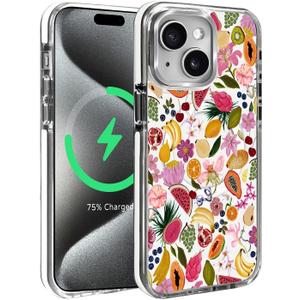 Case for iPhone 13/14 Compatible with MagSafe Classic Hybrid Magnetic Phone Clear Case Drop Protection Scratch-Resistant Back, Fruits Lily Blueberry Cherry