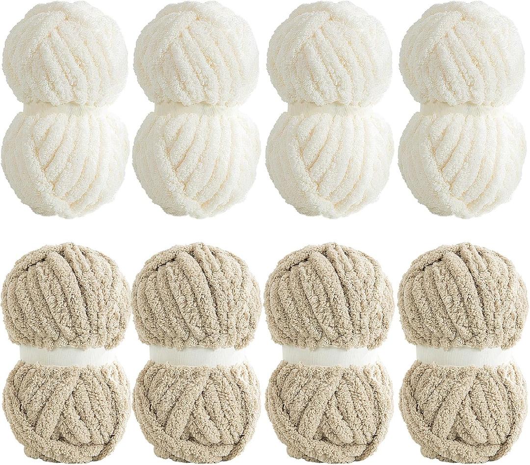 8 Pack Super Bulky Chunky Chenille Yarn for Arm Knitting, Large Thick Jumbo Yarn for Chunky Blanket, Big Fluffy Soft Plush, Jumbo Cream & Khaki