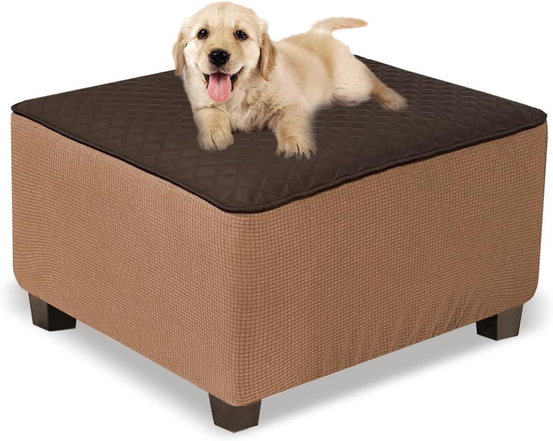 NeColorLife Square Ottoman Cover Waterproof Ottoman Slipcover Thick Storage Footrest Stool Covers Furniture Protector for Pets,Kids(Medium Size,Dark Coffee)