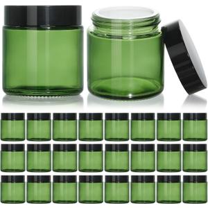 KEYWING 4oz Small Glass Jars with Black Lids, 24 Pack Green Cosmetic Containers Round Glass Jar with Inner Liners for Lotions, Cream, Powders and Ointments