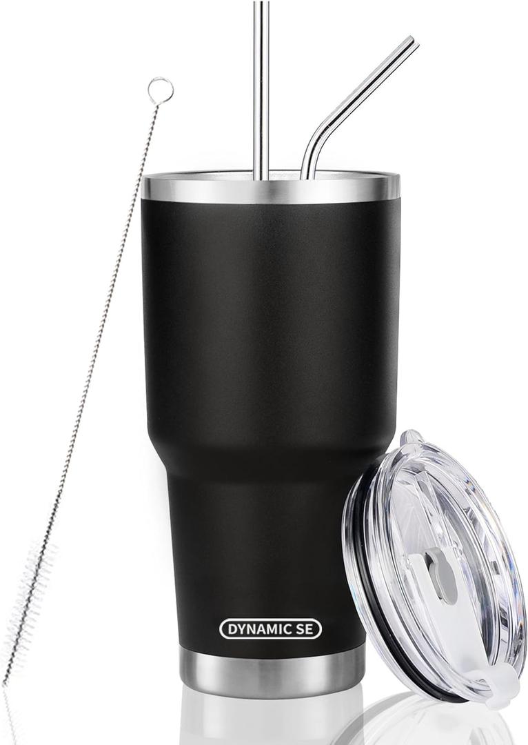 DS 30 oz Black Tumbler Stainless Steel Double Wall Vacuum Insulated Mug with Straw and Lid, Cleaning Brush for Cold and Hot Beverages
