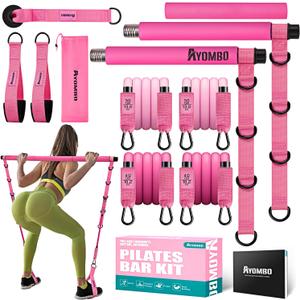 Pilates Bar Kit With Resistance Bands, Workout Equipment for Legs, Hip, Waist, Arm, Squats Exercise Equipment for Home Workouts, Adjustable 3-Section Bar Kit for Women & Men (1-Pink)