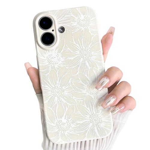 NITITOP Compatible with iPhone 16 Case Silicone Cute Flower Floral Sunflowers Pattern for Women Girl Trendy Slim Fit TPU Silicone Shockproof Full Camera Protection Cover - White
