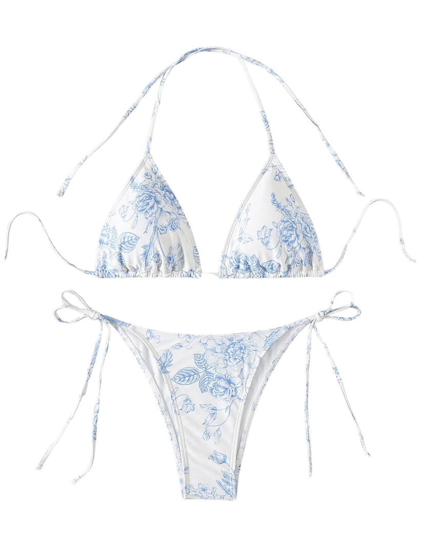 SHENHE Women's 2 Piece Swimsuit Floral Print Halter Tie Side Triangle Bikini Set, Small