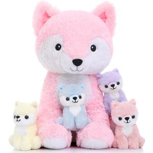 Muiteiur 5 Piece Fox Stuffed Animal Set, Soft Mommy Fox Plush Toy with 4 Cute Babies, Cute Stuffed Animal for Girls and Boys, Fun Gift for Kids, Pink 20inch