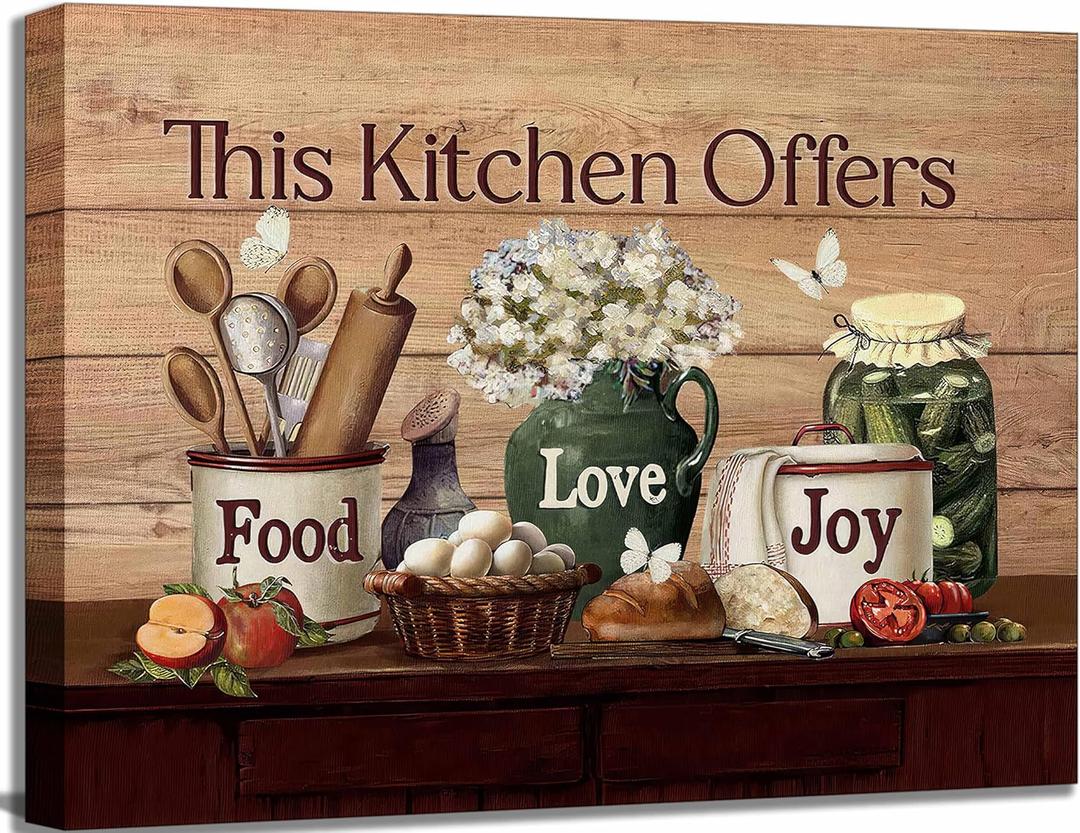Country Kitchen Food Still Life Canvas Wall art Vintage Rustic Farmhouse This Kitchen Offers Food Love and Joy Painting Picture Wall Decor Poster Print Artwork for Dining Room Home Decoration (24"L x 16"W)