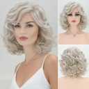 RENERSHOW Short Sliver Gray Curly Wigs for White Women Grey Mix Little Light Brown Wavy Bob Wig with Curtain Bangs Heat Synthetic Daily to Party Womens Wig (Silver)
