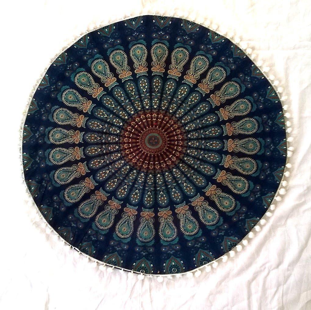 22" Blue Mandala Barmeri Round Floor Pillow Cover Cushion Meditation Seating Ottoman Throw Cover Hippie Decorative Zipped Bohemian Pouf Pom Pom Pillow Case
