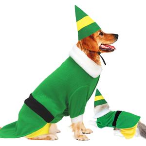 Dog Christmas Outfit with Cap, Funny Dog Elf Outfit, Christmas Dogs Clothes for Pets Party Winter Warm Outfit (Green, X-Large)