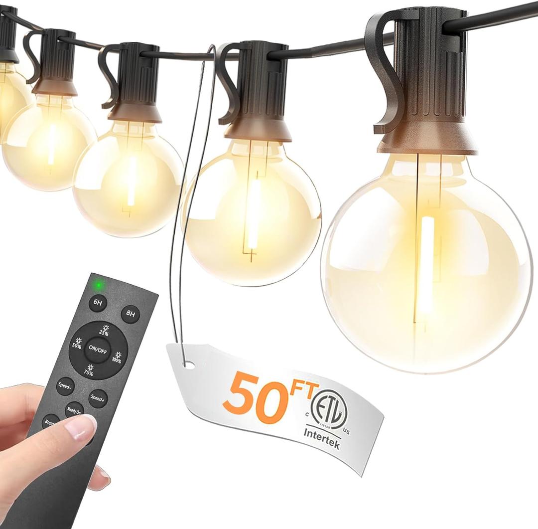 Outdoor String Lights with Remote 50FT - Dimmable Patio Lights with Waterproof G40 LED Globe Bulbs, Connectable Shatterproof Hanging Lighting for Outside Bistro Garden Backyard Deck Decor