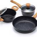 3-Piece Nonstick Cookware Set,10.25 Inch Frying Pan + 1.43QT & 2.2QT Saucepots with Lids, PFAS PFOA Free Non-Toxic Coating, Heavy Bottom Even Heat, Induction Compatible, Dishwasher Safe Black