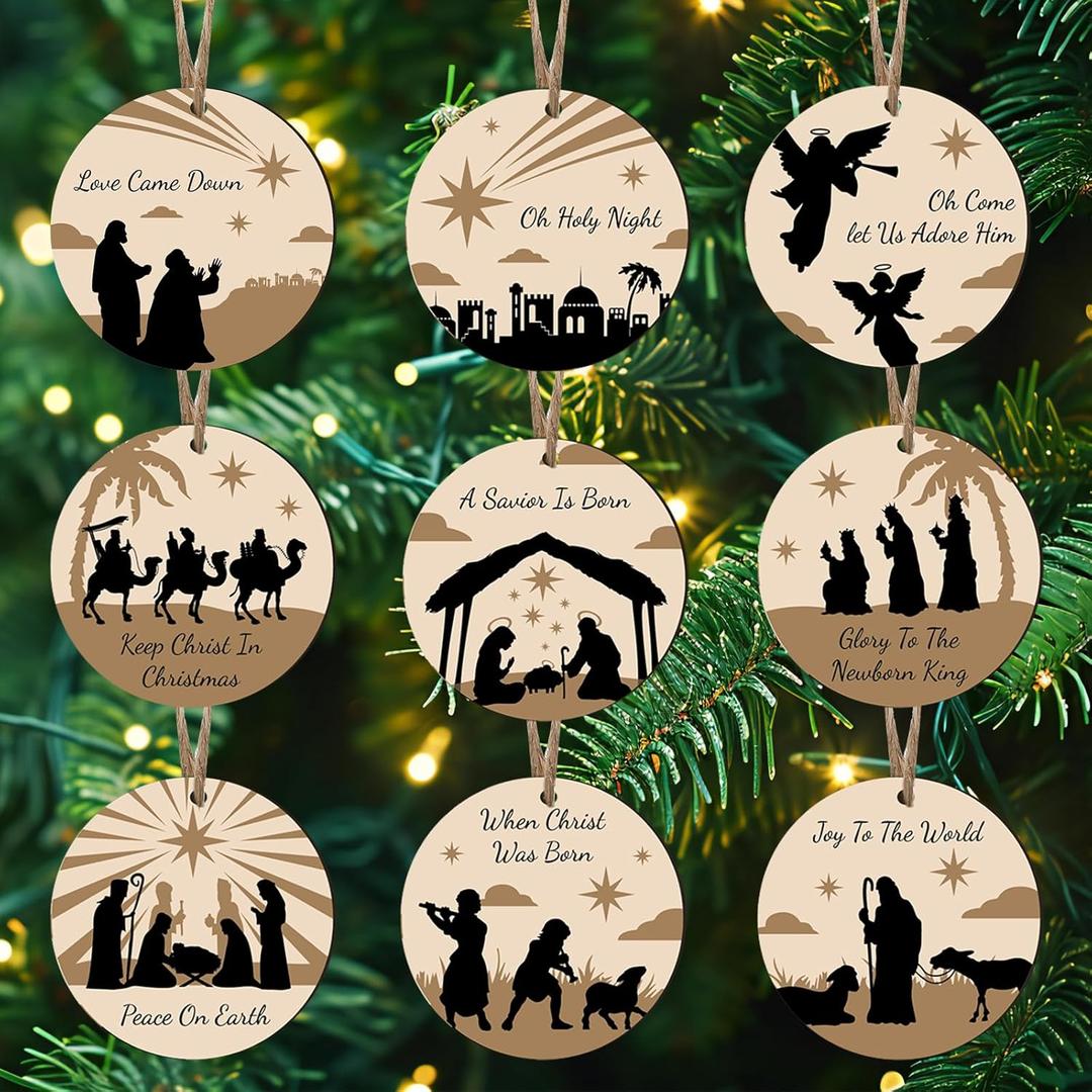 Chunful 36 Pieces Christmas Nativity Ornaments Wooden Christian Religious Faith Jesus Tree Ornaments Xmas Decoration Nativity Manger Scene Hanging Ornament Gift Set for Family Xmas Tree(Stylish Style)