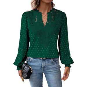 Falechay Womens Tops Swiss Dot Boho Long Sleeve Shirts V Neck Casual Chiffon Blouses Flowy Lace Hem Cute Clothing Trendy 2026 (XX-Large, Dark Green)