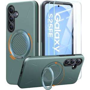JAME for Samsung Galaxy S25 FE Case, Ring Holder Stand Kickstand, 2 Packs Screen Protector, Dual Layer Shockproof Protective Cover, Magnetic Accessory Friendly Galaxy S25 FE Phone Case, Green