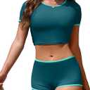 Jolefille Women Sporty Tummy Control Swimsuit Color Block High Waisted Bikini Set Two Piece Bathing Suit Full Coverage Shorts, Large