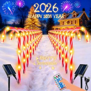 BOSSERN Upgraded 24 Pack Candy Cane Solar Christmas Lights Waterproof, Rechargeable Pathway Lights with Remote, Solar Powered & USB Charging Christmas Decorations Outdoor for Garden Lawn Yard Party (Warm White)