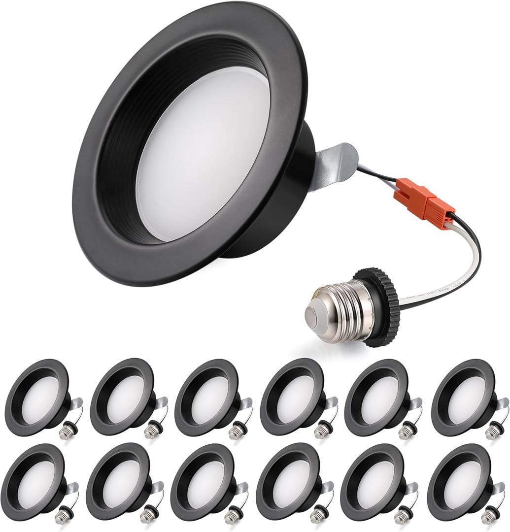 Iron Baffle 4 Inch Retrofit Recessed Lighting - 5CCT Selectable, Dimmable Can Lights, 9W, 800LM, Damp Rated, 4inch 12P Black