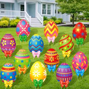 Amyhill 12 Pcs Easter Outdoor Yard Decoration Eggs Garden Lawn Stake Signs with Stakes and Bow Waterproof Corrugated Easter Outdoor Decoration for Patio Lawn Walkway Spring Party Decorations, 12 Style