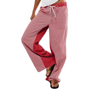 PEIHOT Low Rise Striped Pants for Women Pull On Drawstring Boho Wide Leg Jeans Trendy 2026 (Red, XL)