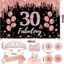 30th Birthday Decorations for Girls,51Pcs PRE-STRUNG Rose Gold Black Party Set-30 Years Old Crown and Sash,Banner Backdrop Balloons Candle Hanging Swirls Paper Fans,PRE-ASSEMBLED