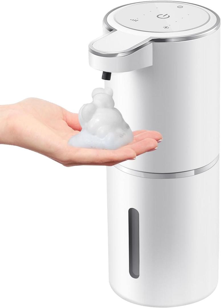 Automatic Foaming Soap Dispenser, 4-Level Adjustable Foam, Wall Mount, USB Rechargeable, 12.8oz/380ml, Touchless Hand & Dish Soap Dispenser for Bathroom, Kitchen, Hotel, Restaurant (Whtie)