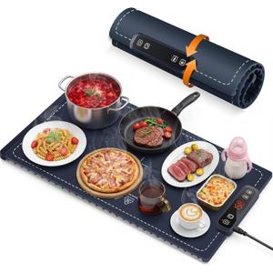 Food Warming Mat, Electric Warming Tray, Silicone Fast Heating Warmer Pad, 6 Temp Adjustable, Timer & Safety Lock, Auto Shut-Off for Countertops Buffets Party (Blue)