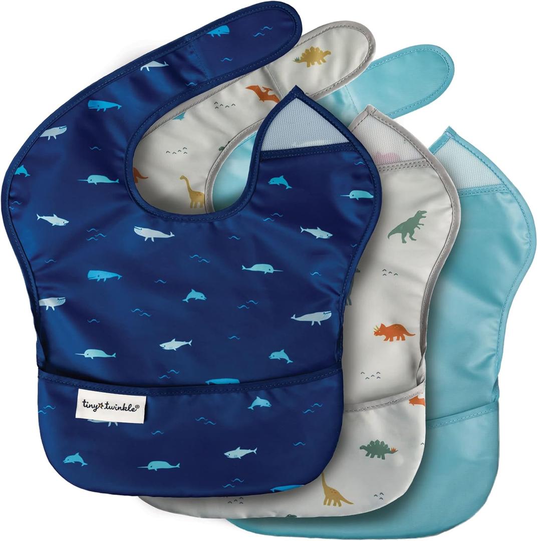 Tiny Twinkle Mess-Proof Baby Bib - Waterproof Bib for Baby Boy or Girl - PFAS, PVC, BPA, Phthalate Free - Baby Food Bibs (3 Pack, 3-pack Sea, Dino)