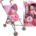 Baby Doll with Stroller Set - 12" Baby Doll with Pacifier Gift Set - Pink Fabric Baby Stroller Toy for Kids - Foldable Play Stroller for Dolls with Canopy - Baby Doll Stroller for Toddlers, Girls