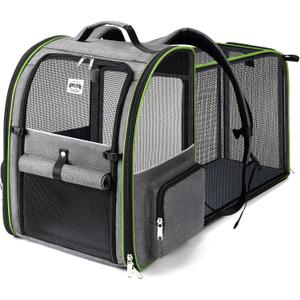 Large Cat Backpack Carrier Expandable Pet Carrier Backpack Fit Up to 18 Lbs,Dogs Foldable Puppy Backpack Carrier for Travel, Hiking,Grey with Green Edge,L