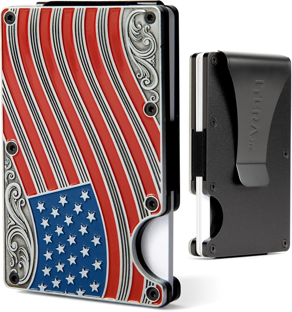 American Flag Wallet Engraved Metal Cardholder/WITH REMOVABLE Money Clip for Men with RFID Blocking - Slim, Stylish, and Secure Credit Card Holder (Red, White, Blue)
