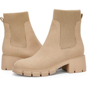 Ruanyu Women's Platform Ankle Boots Elastic Chunky Block Heel Chelsea Booties Lug Sole Non-Slip Combat Shoes (11, Beige)