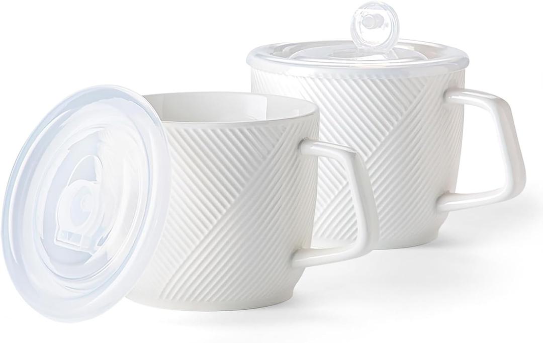 Ceramic Soup Bowls with Lid & Handle: 32 oz Microwave Safe Food Containers for Ramen Noodles Cereal Leftovers - Extra Large Mugs for Breakfast Lunch Picnic Camping - White, Set of 2