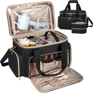 GDNasist Large Makeup Bag, Portable Travel Makeup Bag Organizer for Women Girls with 2 Removable Pouches & Detachable Dividers, Cosmetic Travel Bag, Toiletry Bag for Makeup and Hair Supplies Black