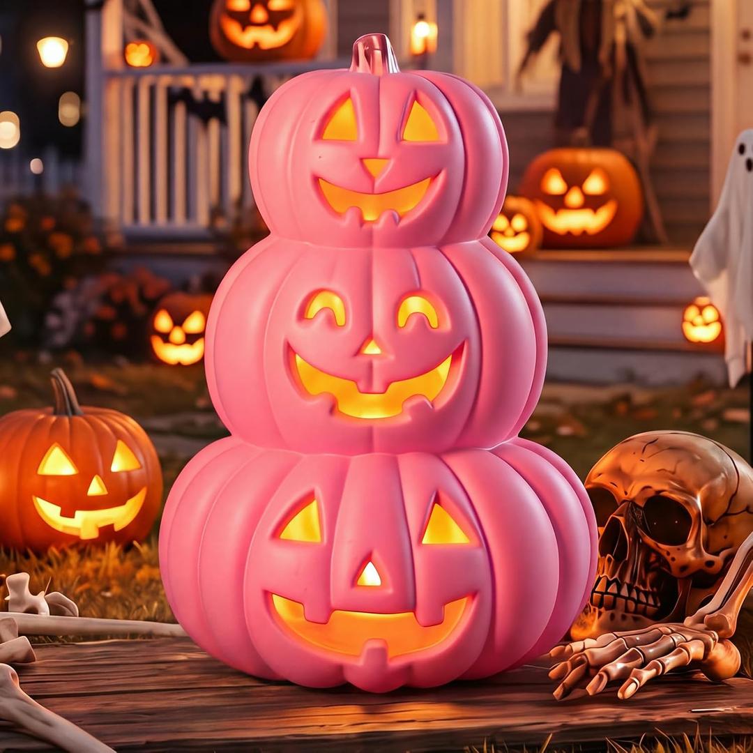 3 Tier Pink Halloween Decor Pumpkins 14" Light up Jack O Lantern
