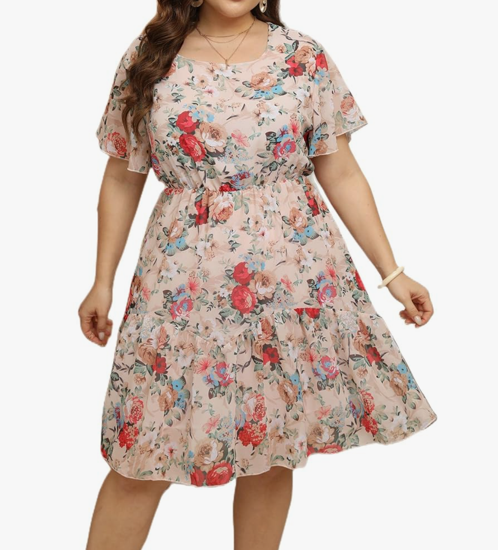 HBEYYTO Women's Plus Size Floral Print Boho Beach Dress Casual Ruffle Sleeve Elastic Waist Swing Chiffon Sundress, 2X