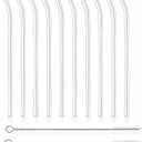 12 reusable glass straws, measuring 7 inches x 8 millimeters, including 10 curved straws and 2 straw brushes. High borosilicate glass for reusable straw brushes for juices, coffee, and cocktails