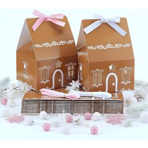 Thyle 48 Pcs Christmas Gingerbread House Gift Boxes 6.7 x 6.5 x 6.5 in Christmas Cookie Boxes Goodie Bakery Packaging with 12 White & 12 Pink Ribbon for Xmas Housewarming Holiday Treats Party Favors