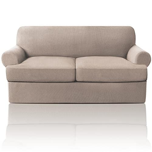 PrinceDeco T Cushion Loveseat Slipcover 3 Pieces Sofa Covers for T Cushion Sofa Stretch Slip Covers for 2 Cushion Couch with 2 Individual T Shape Seat Covers Width Up to 76" - Washable, Sand