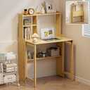 Bamboo Folding Desk for Small Spaces with Storage, Mid Century Foldable Desk with Bookshelf, Small Desks with Storage for Home Office Bedroom, Natural