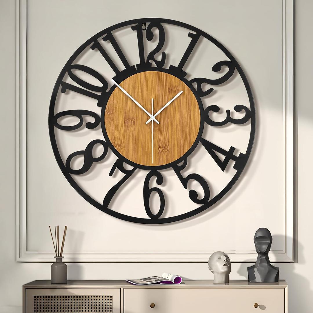 LEIKE Large Wall Clocks,Silent,Non Ticking,Battery Operated Rustic Round Modern Big Wood Wall Clock for Living Room, Bedroom,Kitchen,Farmhouse,Office,Home Decor, 16 in